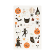 Sheet of Halloween-themed temporary tattoos with pumpkins, cats, ghosts, and witches on a white background.