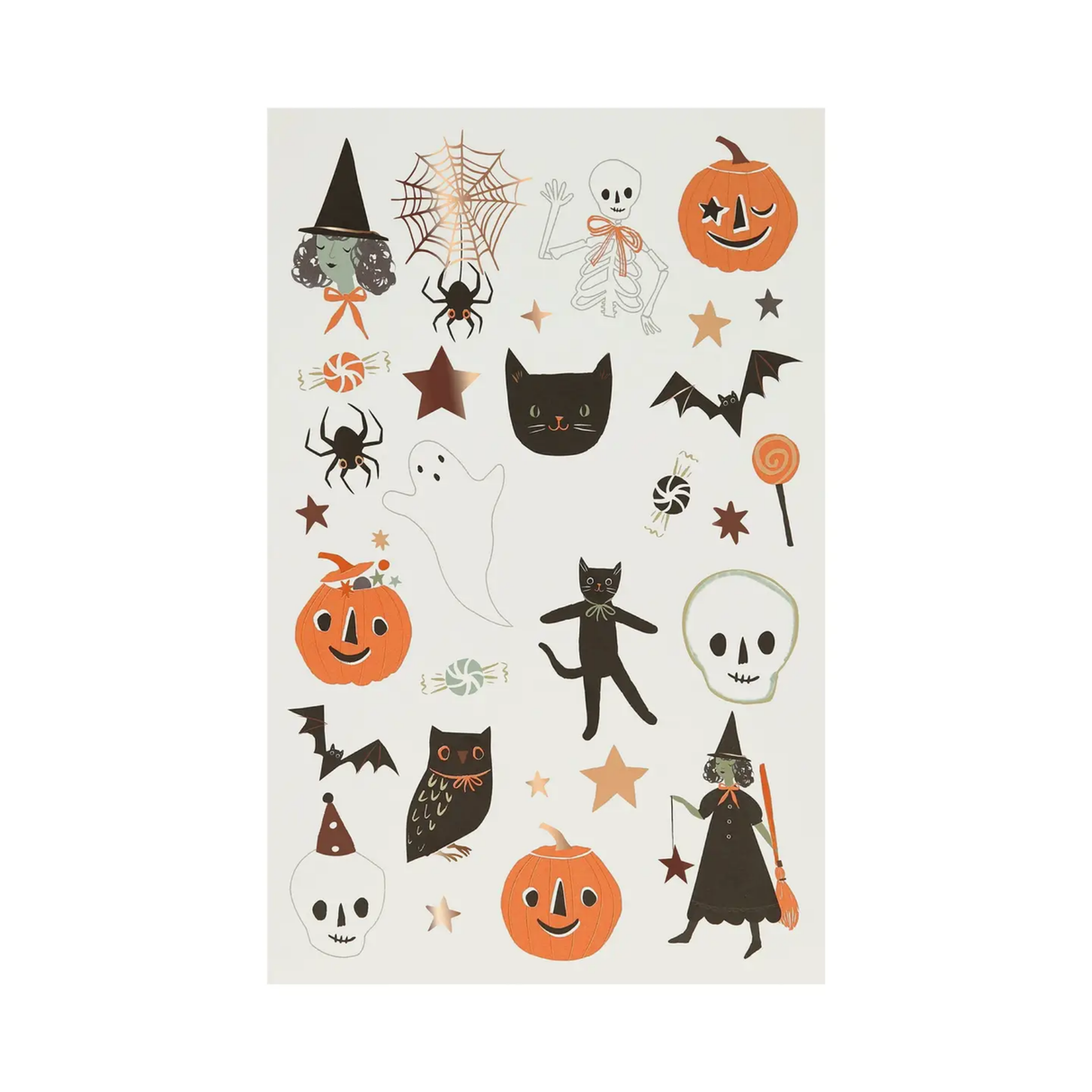 Sheet of Halloween-themed temporary tattoos with various designs on a white background.