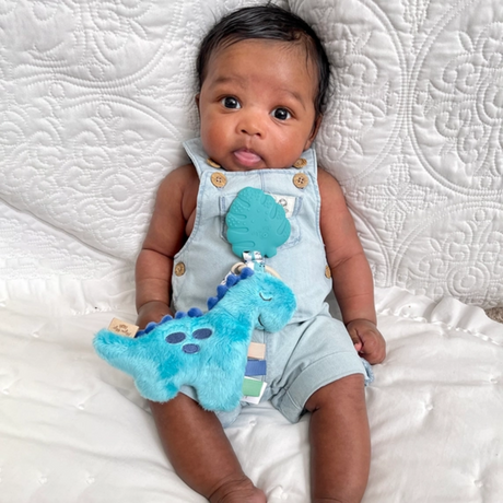 a baby with Dino Pal Plush and Teether in Blue