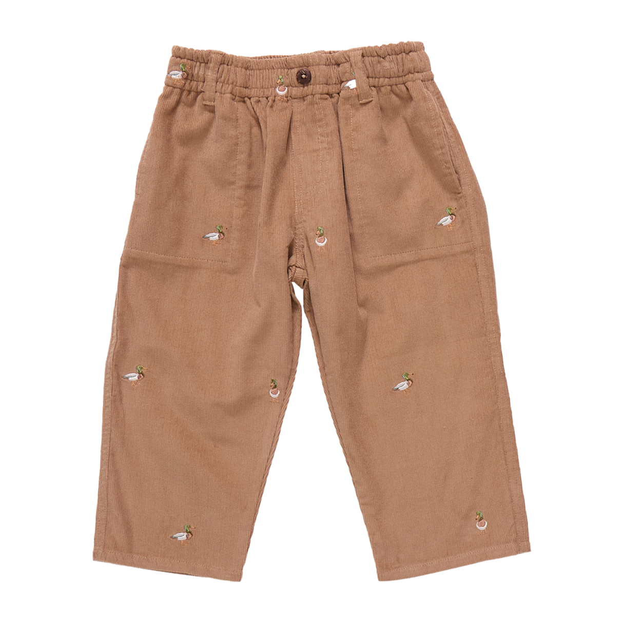 Brown pants with decorative buttons on a white background