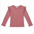 A dusty rose ribbed knit long-sleeve top for kids, featuring ruffled shoulder details and a ruffled hem, shown flat on a white background.