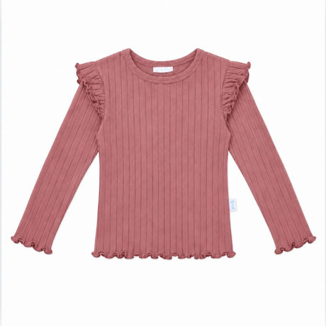 A dusty rose ribbed knit long-sleeve top for kids, featuring ruffled shoulder details and a ruffled hem, shown flat on a white background.