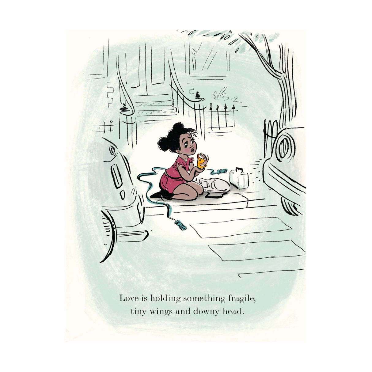 Illustration of a child sitting on a bathroom floor with a toy, surrounded by cars.