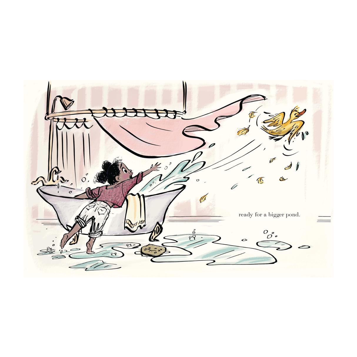 Illustration of a child playing with a duck in a bathtub, with text 'ready for a bigger pond'.
