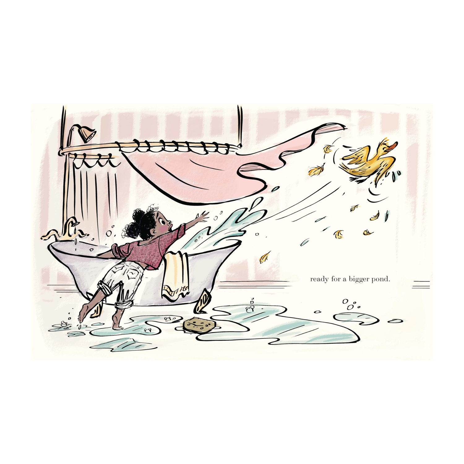Illustration of a child playing with a duck in a bathtub, with text 'ready for a bigger pond'.