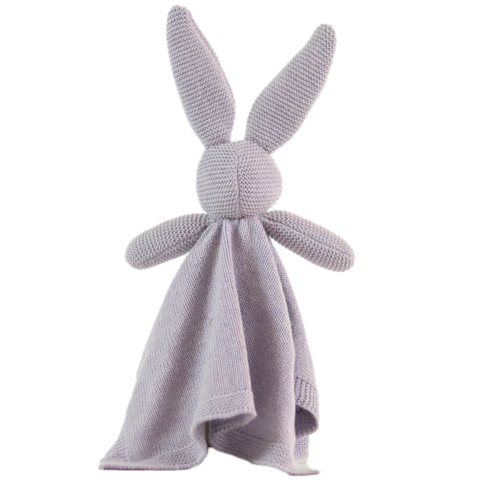 Knitted bunny toy on a white background