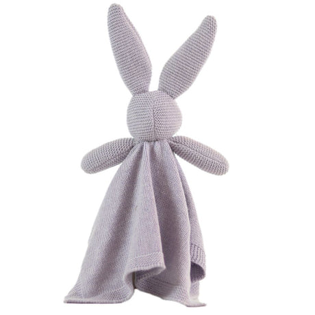 Knitted bunny toy on a white background