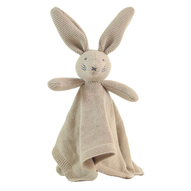 Knitted bunny plush toy with a blanket on a white background