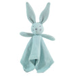 Knitted blue bunny toy with a blanket on a white background