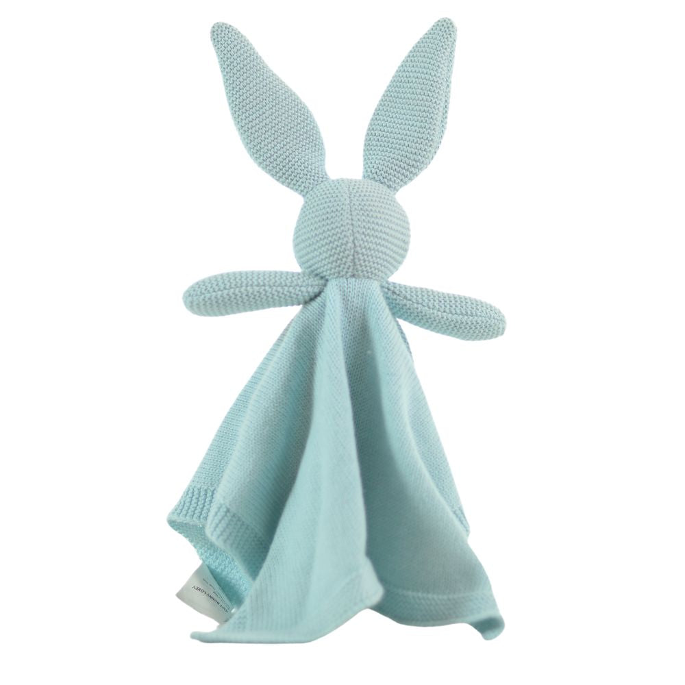 Light blue knitted bunny toy on a white background