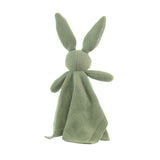 Green knitted bunny toy on a white background