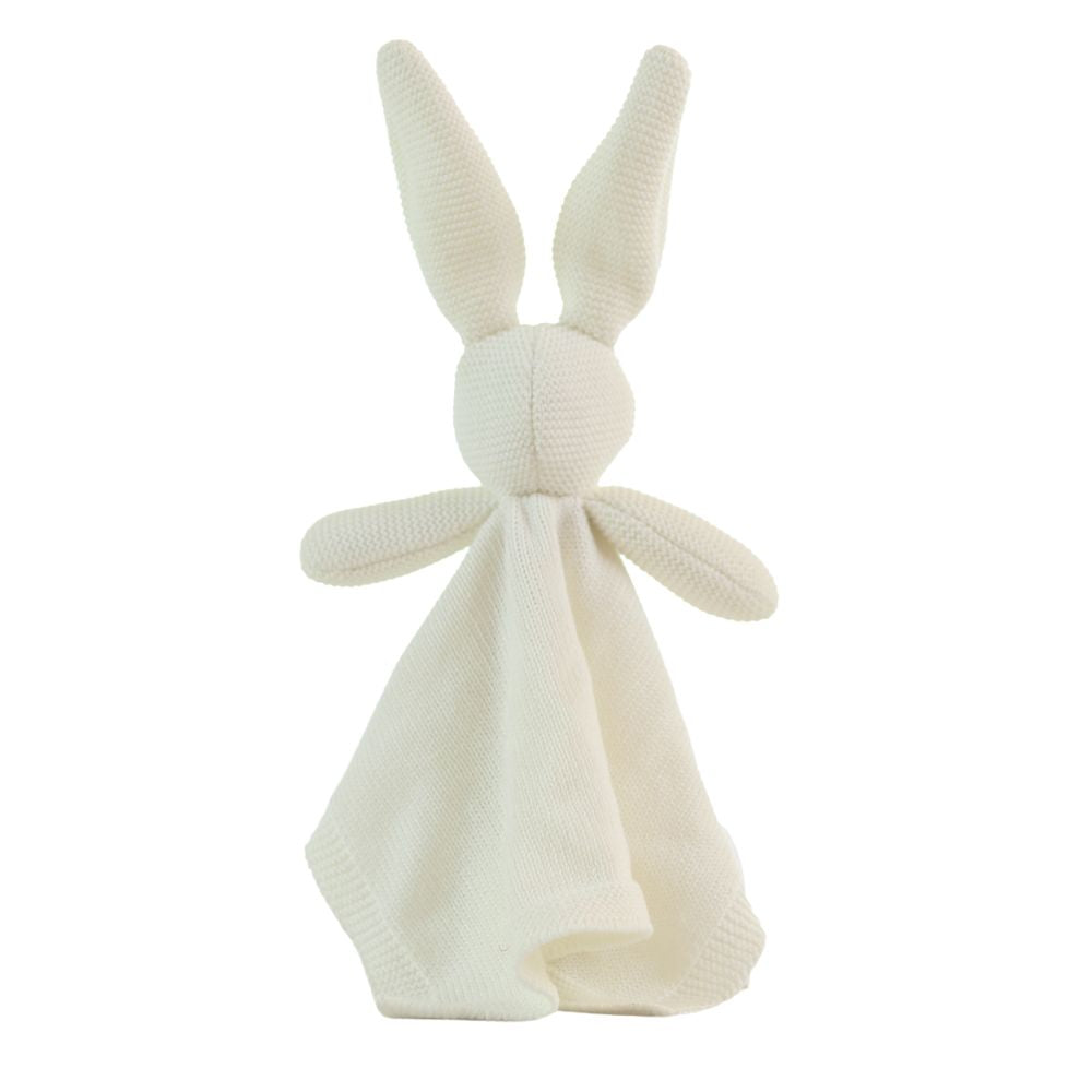 Knitted bunny toy with a white background