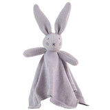 Knitted gray bunny toy with a blanket on a white background
