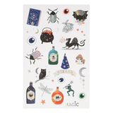 Sheet of magical-themed stickers with various illustrations on a white background