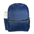 Navy backpack with gold zipper on white background