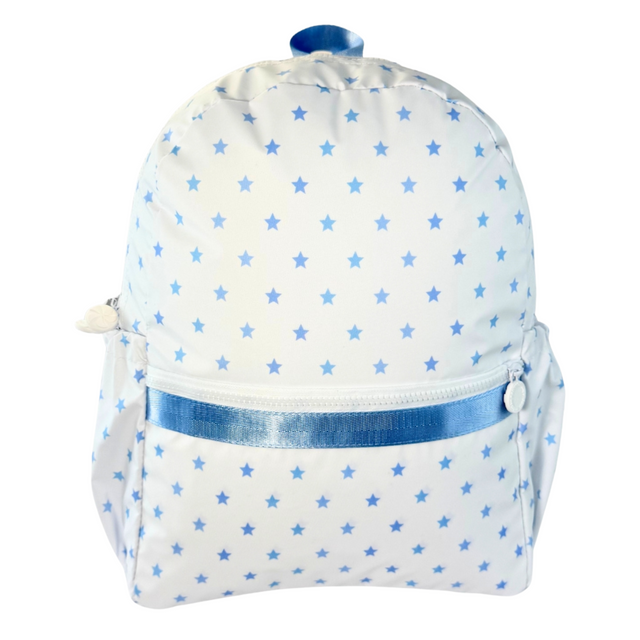White drawstring bag with blue star pattern and a blue ribbon on a white background