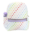 Backpack with colorful heart pattern and purple accents on a white background