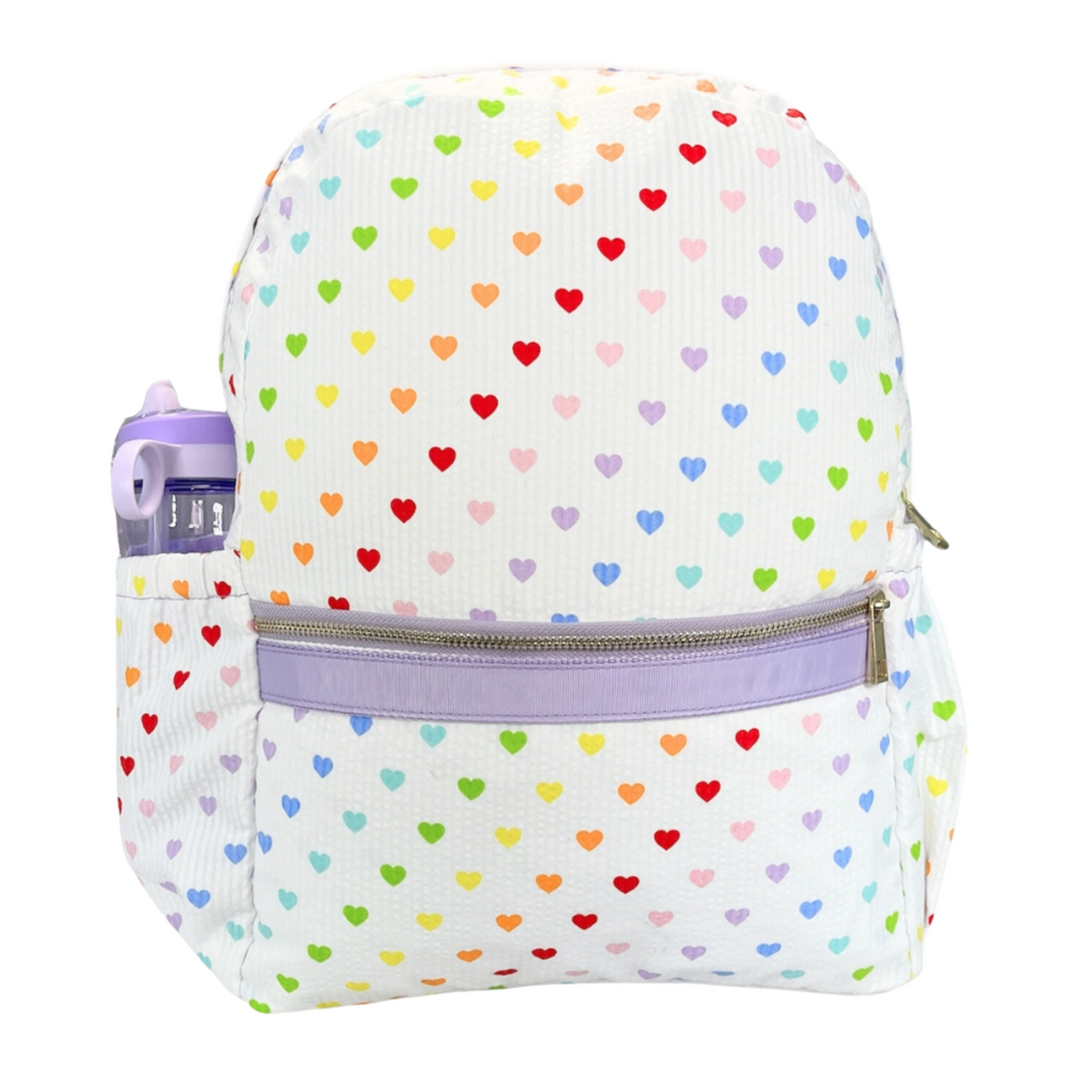 Backpack with colorful heart pattern and purple accents on a white background