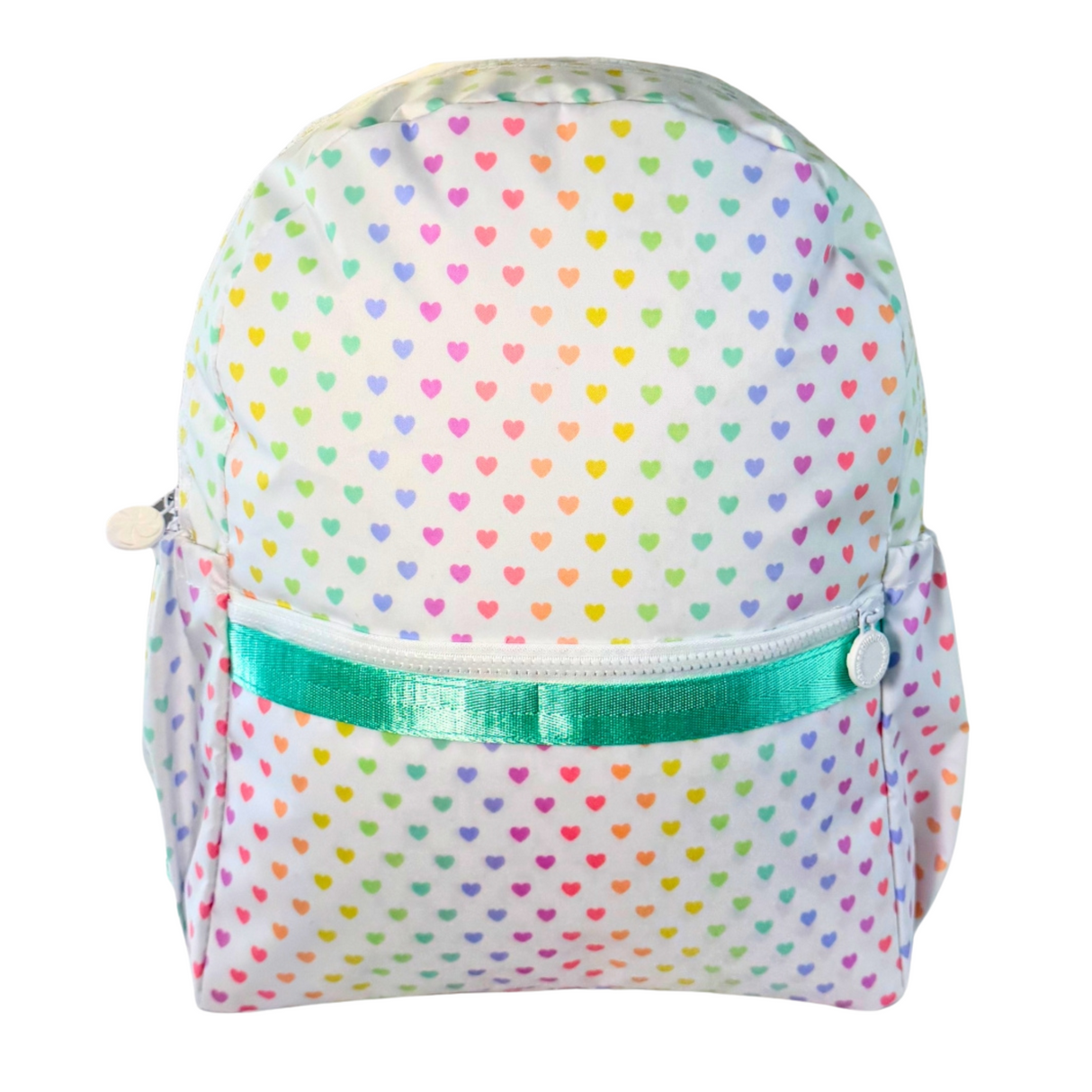 Backpack with colorful heart pattern and green zipper on a white background