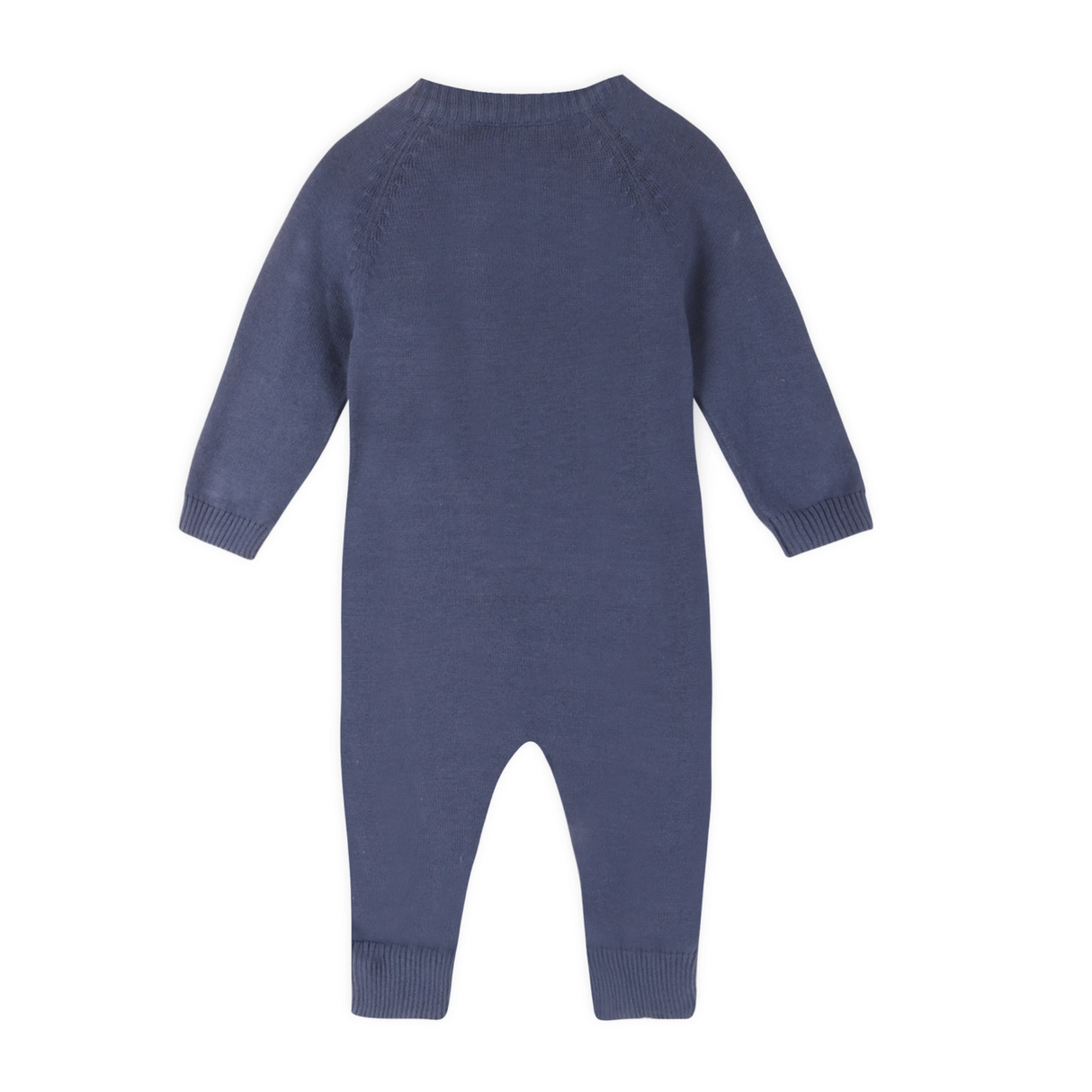 backside of blue onesie with white background