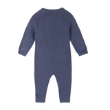 backside of blue onesie with white background