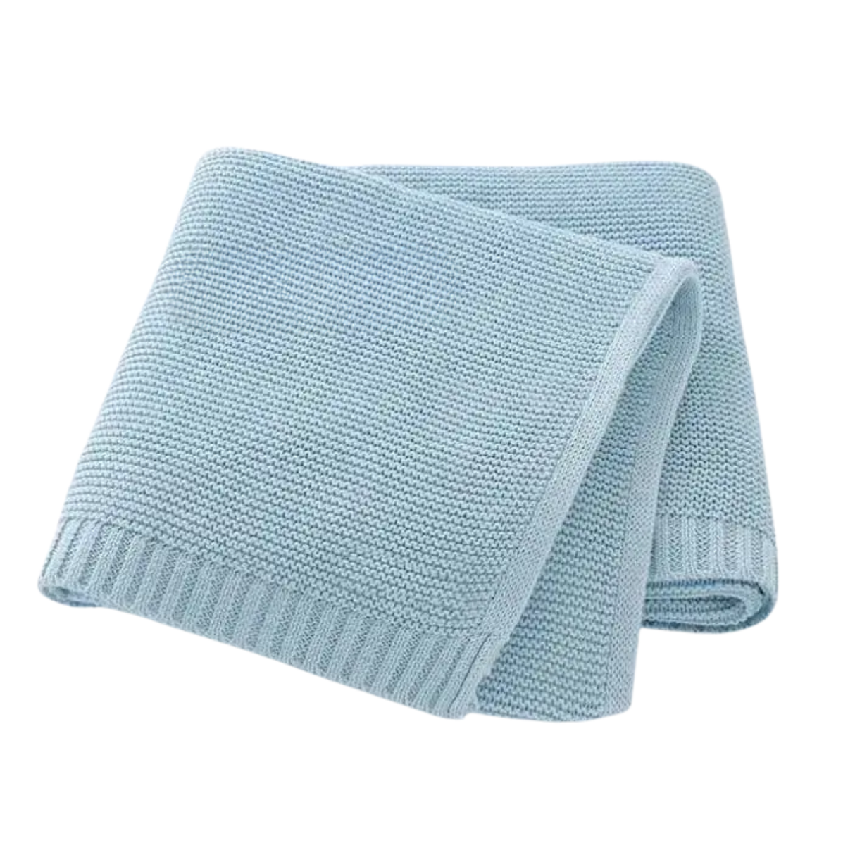 Light blue knitted blanket on a white background
