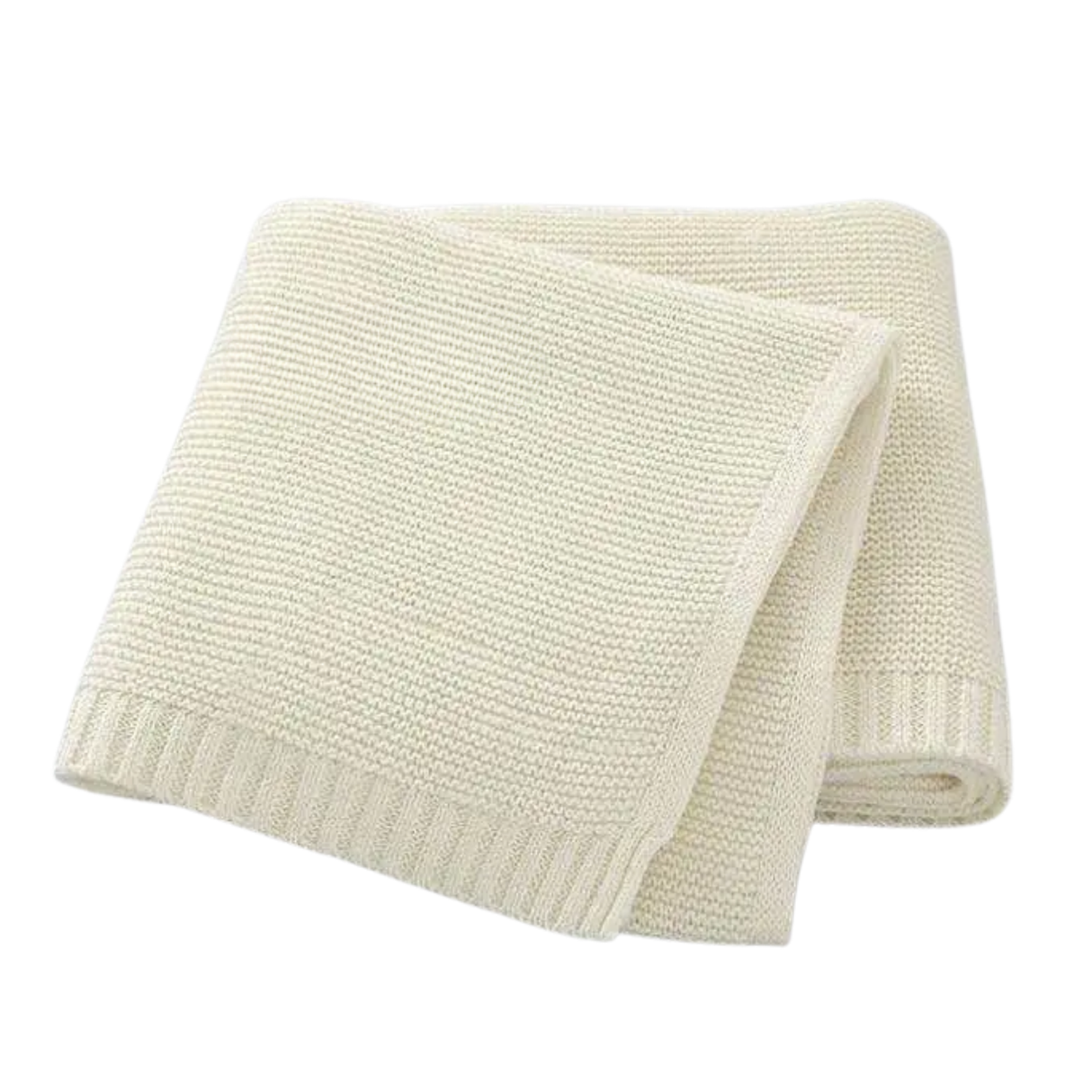 Folded cream-colored knitted blanket on a white background