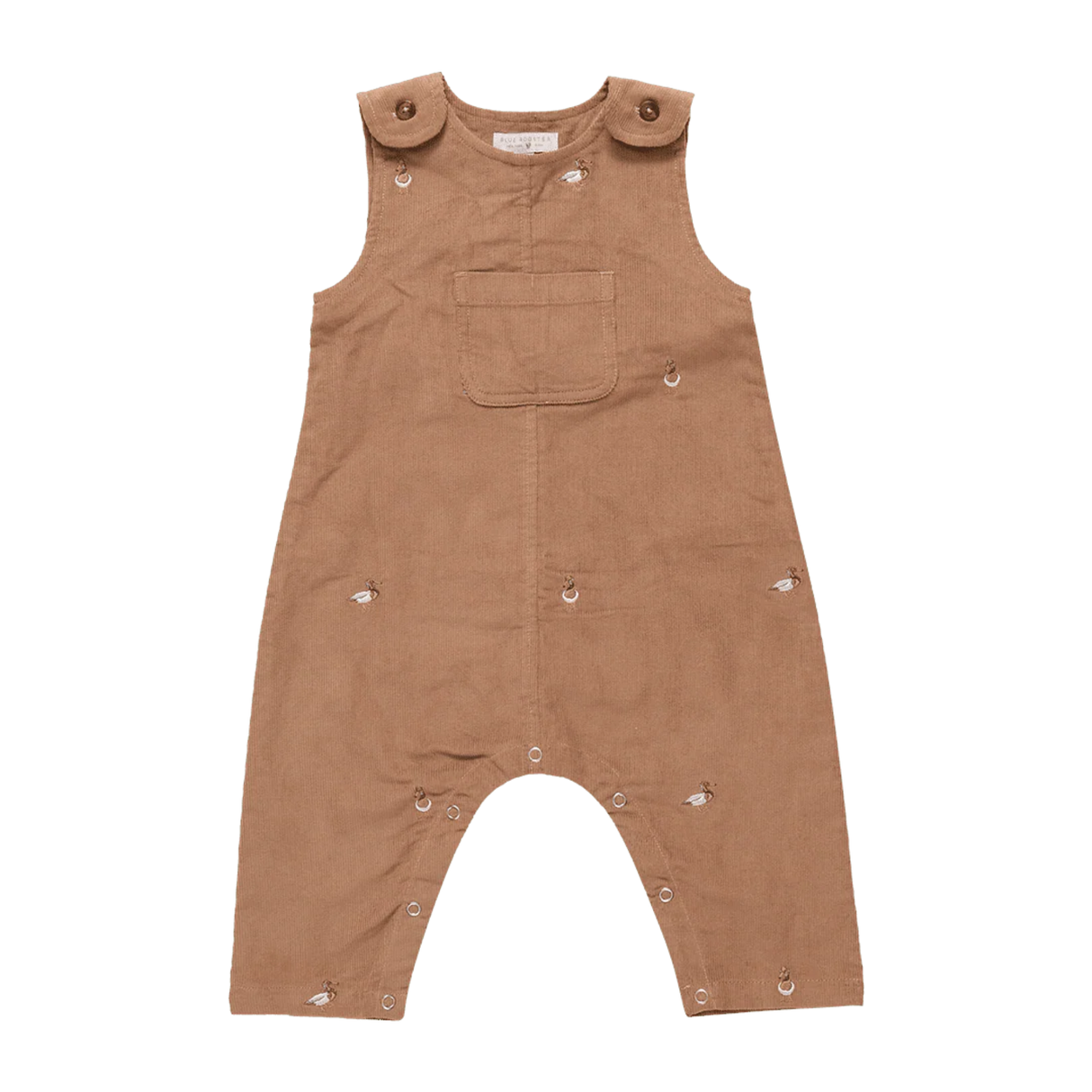Brown baby romper with button details on a white background