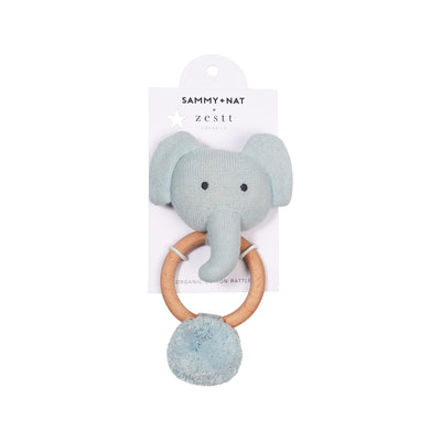 Organic Knit Elephant Rattle in Blue