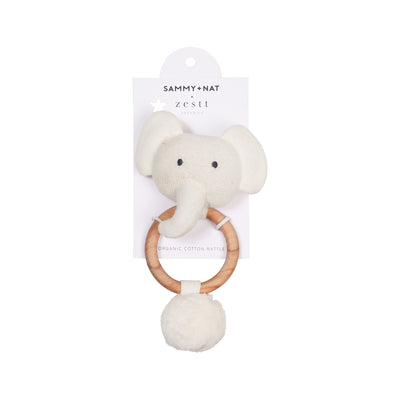 Organic Knit Elephant Rattle in White