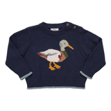 Navy blue sweater with a duck design on a white background