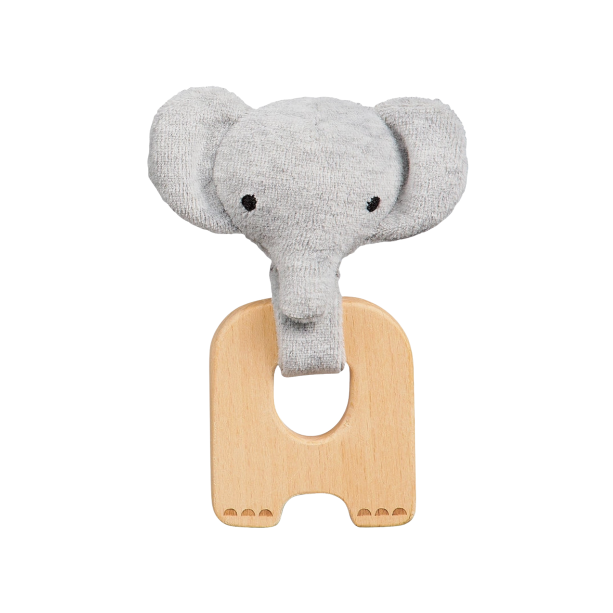 Gray elephant-shaped teething ring on a white background