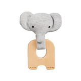 Gray elephant-shaped teething ring on a white background