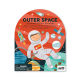 Coloring book and stickers set with an astronaut and space-themed design on a red background.