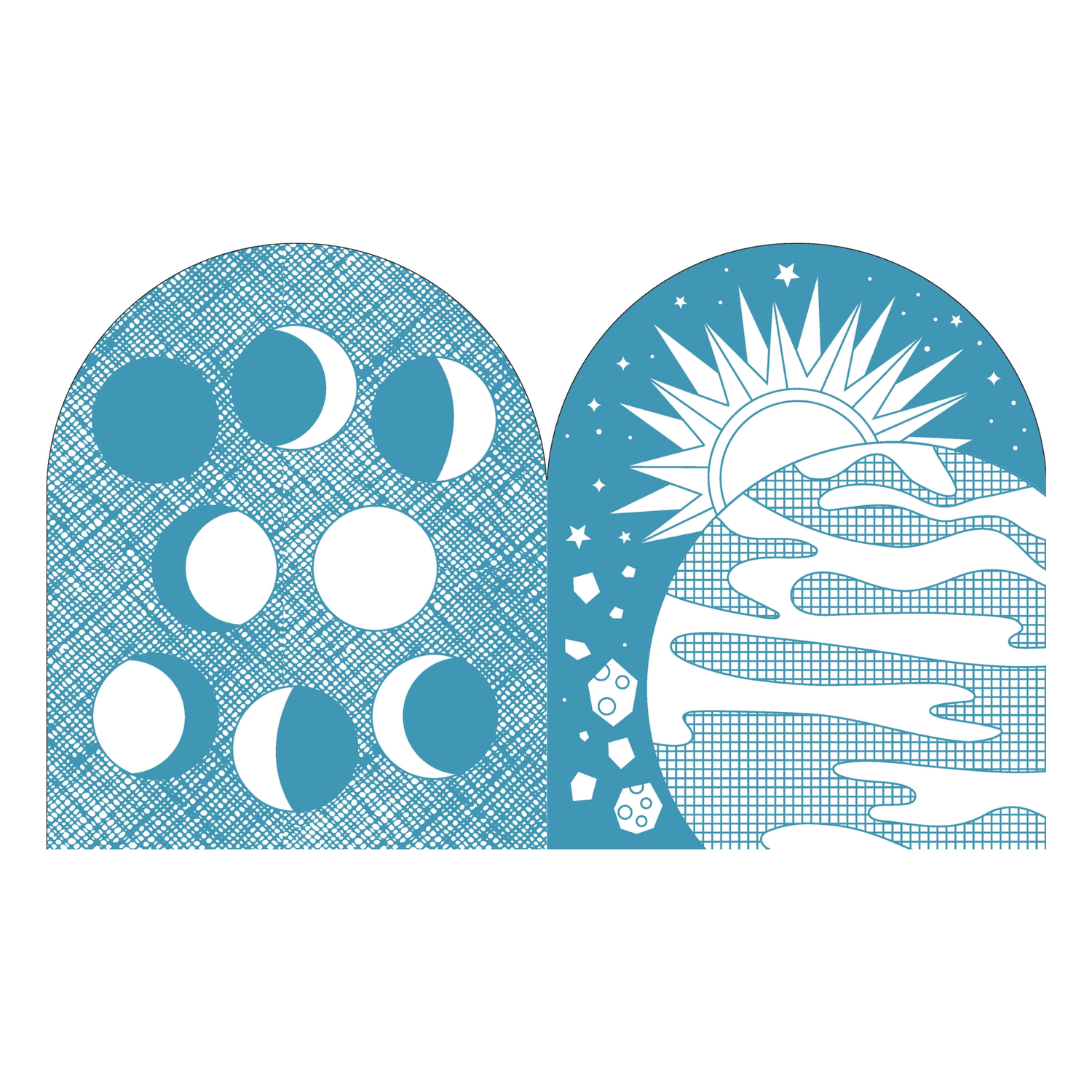 Two stylized illustrations of celestial bodies on a white background