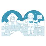 Illustration of an astronaut on the moon with a space station in the background