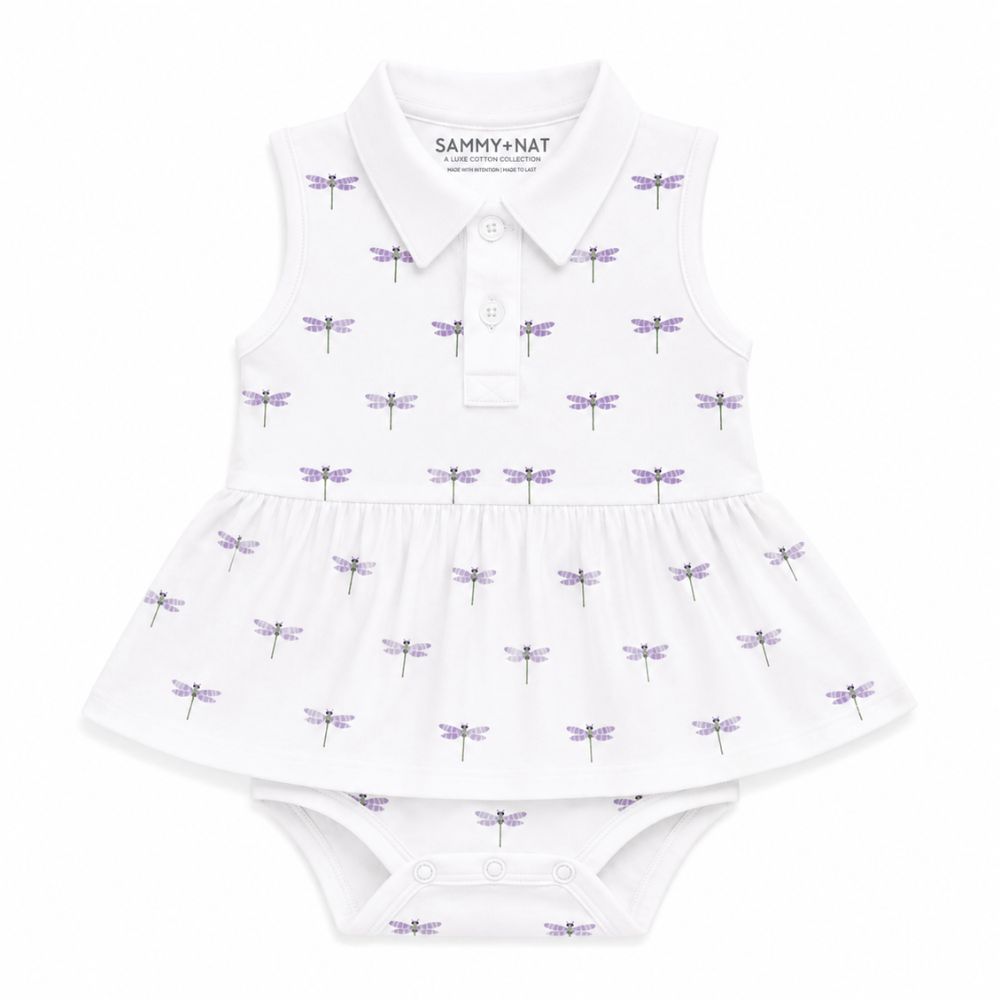 White sleeveless dress with dragonfly pattern and 'Sammy & Cat' branding on a white background - Pima Riley Romper