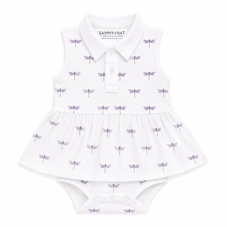 White sleeveless dress with dragonfly pattern and 'Sammy & Cat' branding on a white background - Pima Riley Romper