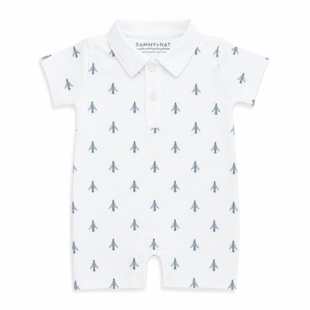 Baby romper with airplane pattern on a white background - Pima Summer Romper