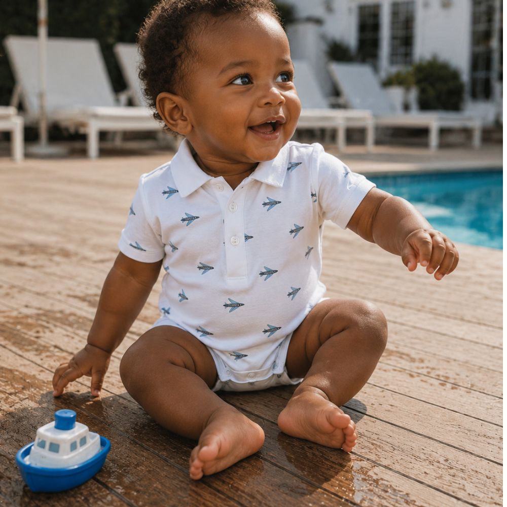 Pima Summer Romper in airplane on baby boy
