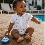 Pima Summer Romper in airplane on baby boy