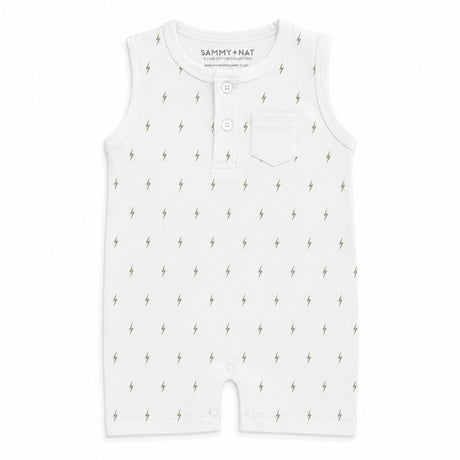 White baby romper with lightning bolt pattern on a white background