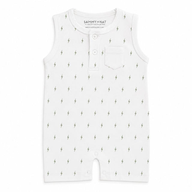 White baby romper with lightning bolt pattern on a white background