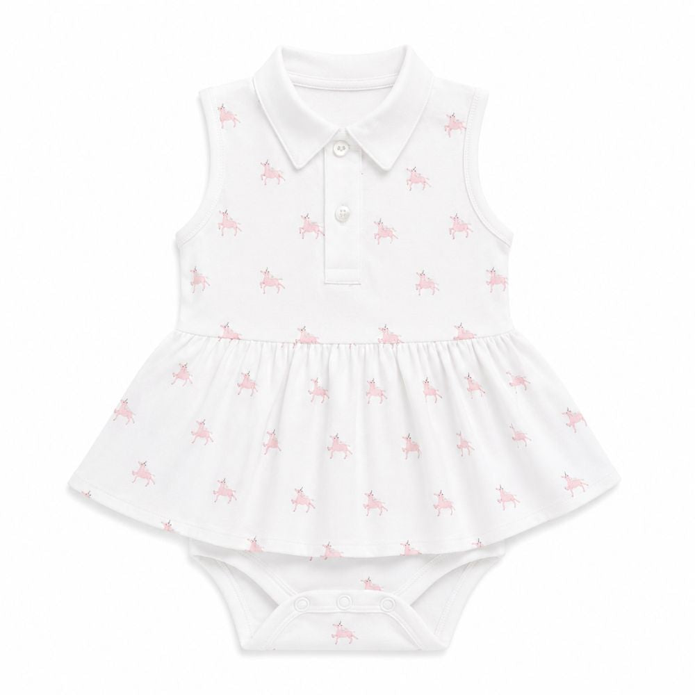 White baby pima dress with pink unicorn pattern on a white background
