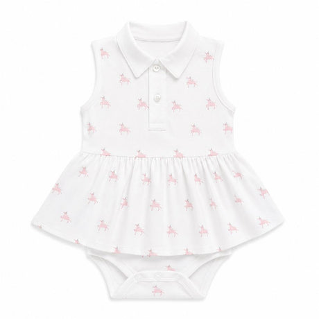 White baby pima dress with pink unicorn pattern on a white background