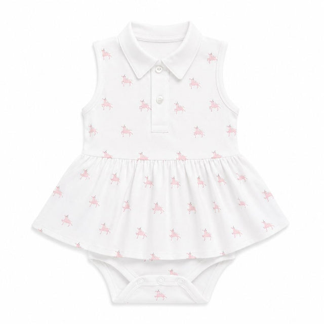 White baby pima dress with pink unicorn pattern on a white background