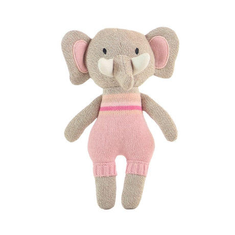 Knitted toy elephant in pink outfit on a white background