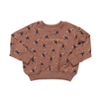 Brown sweatshirt with a pattern of people playing sports on a white background