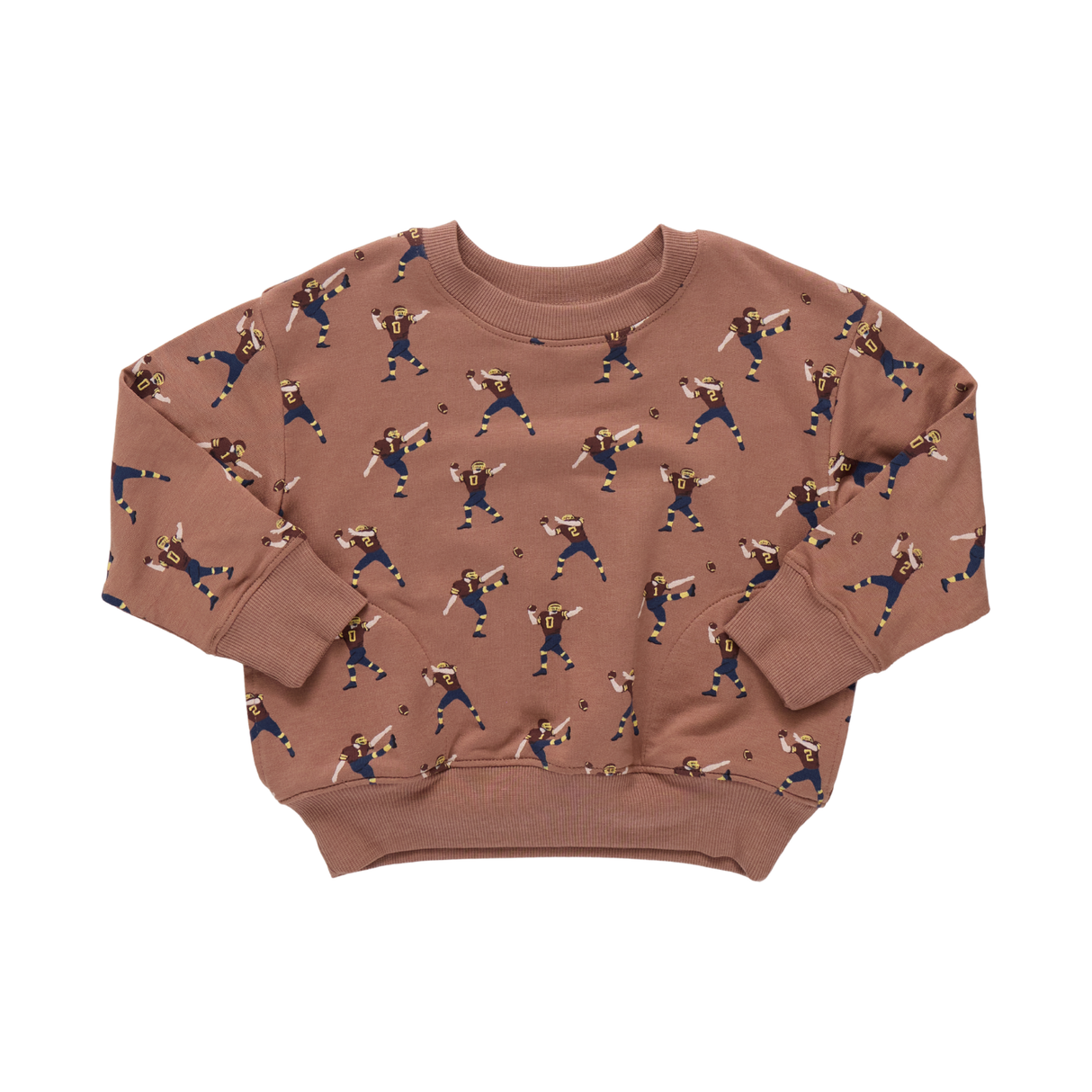 Brown sweatshirt with a pattern of people playing sports on a white background