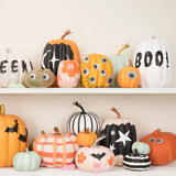 Decorative pumpkins with various designs on a white shelf